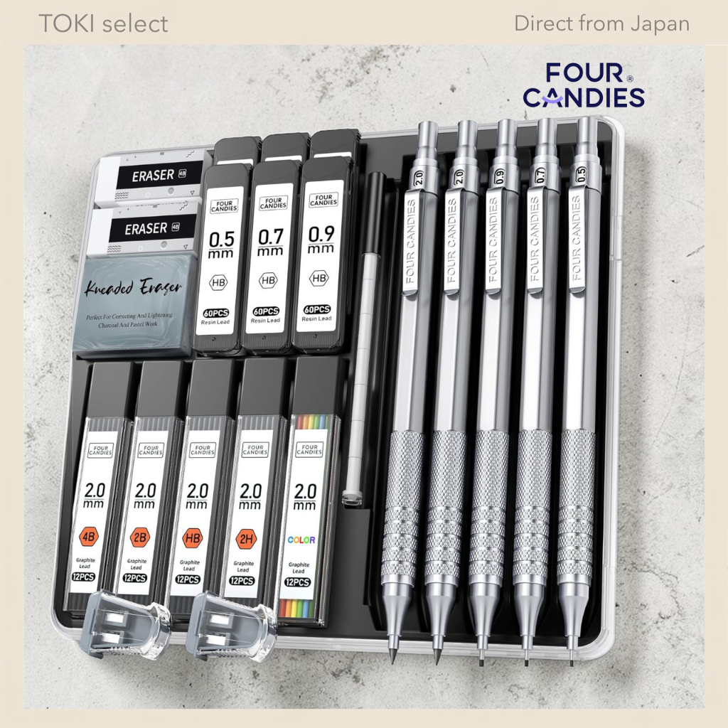 Four Candies Metal Mechanical Pencil Set with Various Leads and Erasers - Silver & Black Options