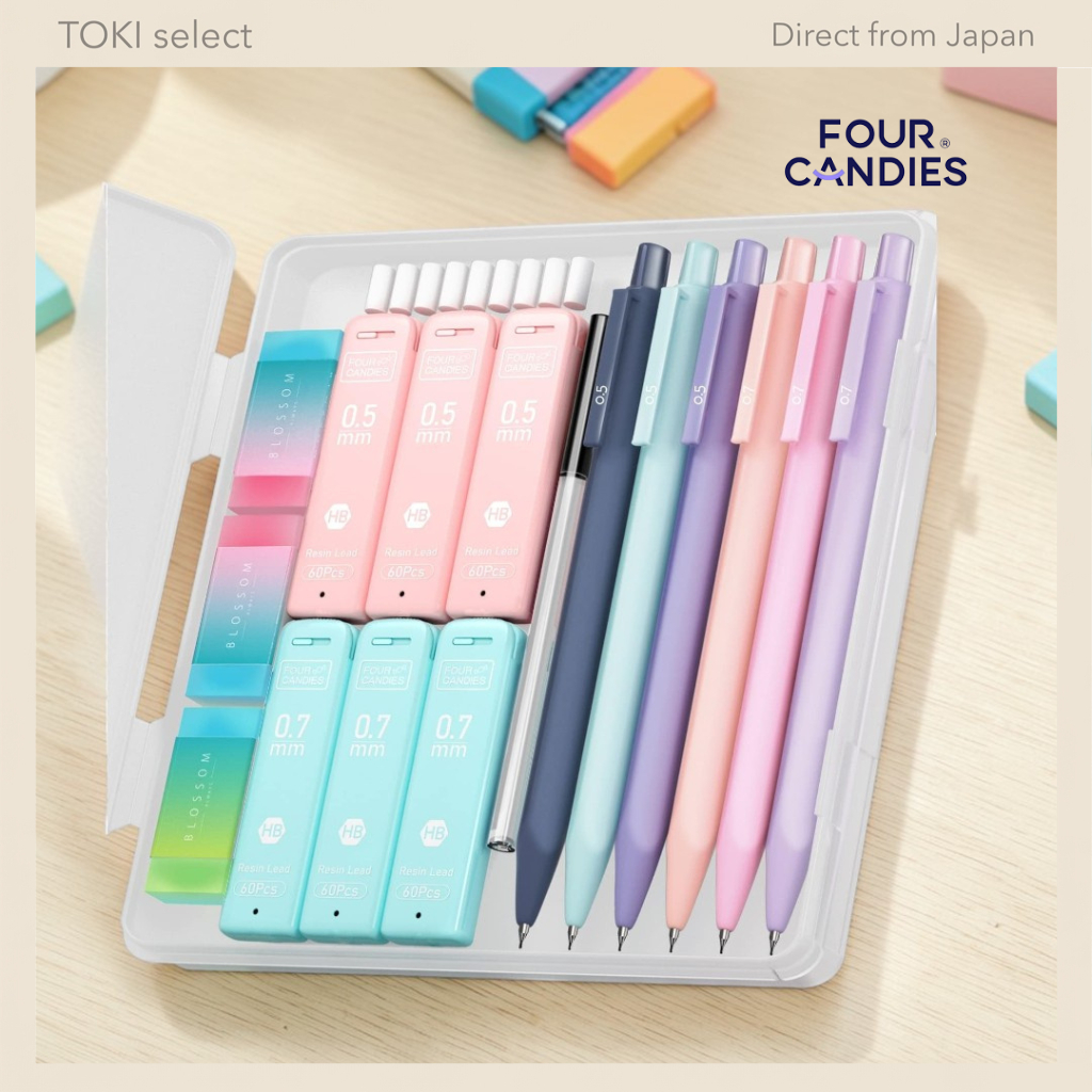 Four Candies Pastel Mechanical Pencil Set - 6 Pencils, 0.5mm, 0.7mm, 0.9mm, Includes HB & 2B Leads, 