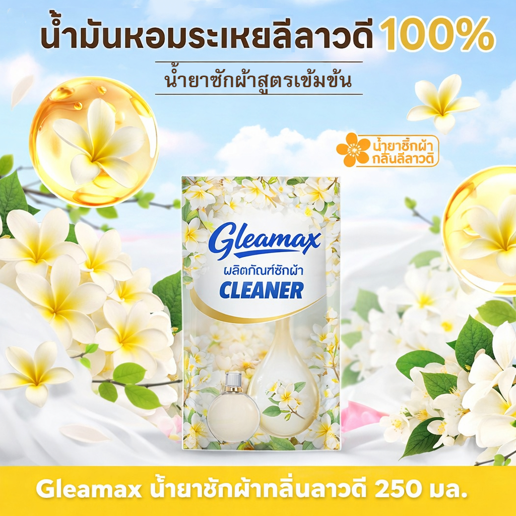 Gleamax น้ำยาซักผ้า กลิ่นลีลาวดี 250มล. x 12ถุง ส่งฟรี สูตรเข้มข้น หอมยาวนาน ขจัดคราบ