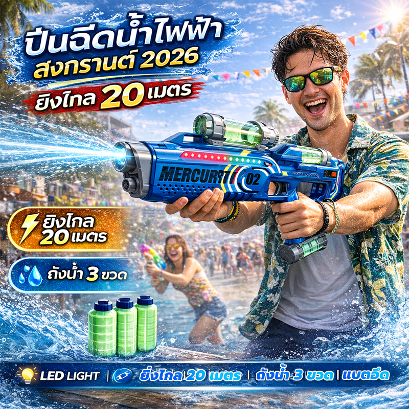 【ส่งจากกรุงเทพ】ปืนฉีดน้ำไฟฟ้า Songkran 2026 ยิงไกล 20 เมตร ปืนฉีดน้ำแรงดันสูง Water Gun ของเล่นสงกรานต์ เด็กผู้ใหญ่