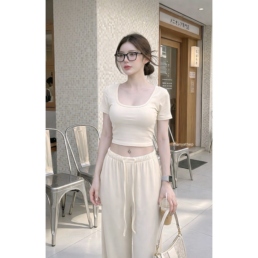 #Thanyathep TYT เซท2ชิ้นเสื้อยืดคอยูมาพร้อมกางเกงขายาว ไม่เคยเอาท์ เนื้อผ้านิ่ม