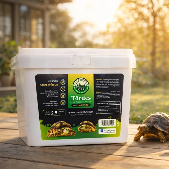 อาหารเต่าบก ไฟเบอร์สูง ลดกรดยูริก เสริมแคลเซียม Spirulina เต่าบกทุกสายพันธุ์ Proudnyfarm TORDES ขนาด 2.5 กิโลกรัม (ถัง)