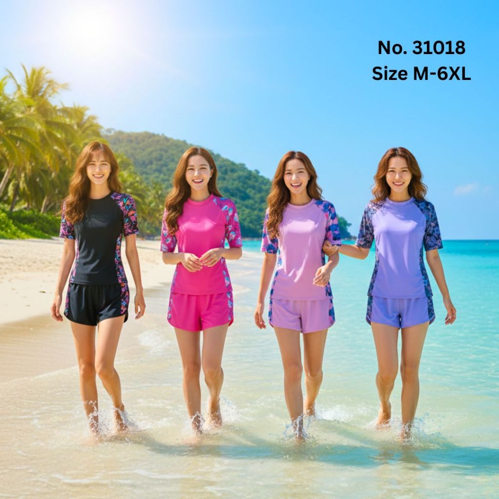 รุ่น31018 ชุดว่ายน้ำผู้หญิงเสื้อแขนสั้นกางเกงขาสั้น กางเกง2ชั้น กางเกงมีกระเป๋าด้านข้าง  กันUV  สินค้าพร้อมส่ง