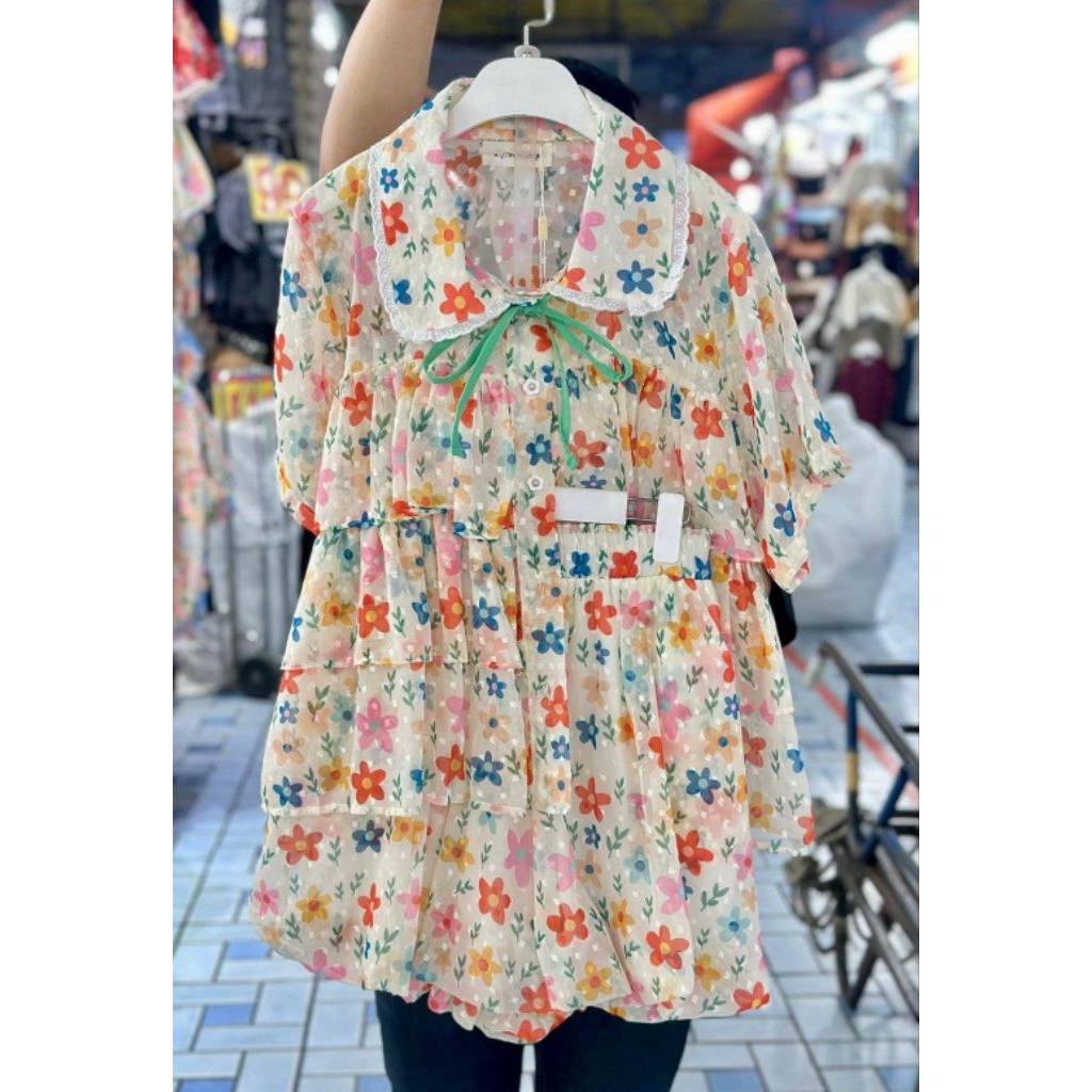 เติมสีแล้ว หมดไว ‼ชุดเซ็ทแฟชั่นสาวอวบเสื้อขนมชั้น+กางเกงบอ รูปที่ 5