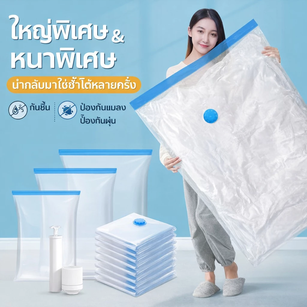 ถุงสูญญากาศเก็บเสื้อผ้า/ผ้านวม ขนาด 50x70 60x80 80x100 ซม. รุ่นหนาพิเศษ แบบใส วัสดุ PA+PE ถุงดูดอากาศ ประหยัดพื้นที่ กัน thumbnail 3