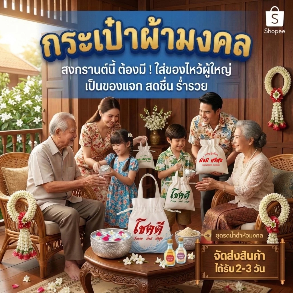 ถุงผ้ามหาเฮง หูหิ้วพร้อมหูรูด ขนาด 8x10 นิ้ว ขยายก้น 2 นิ้ว thumbnail 3