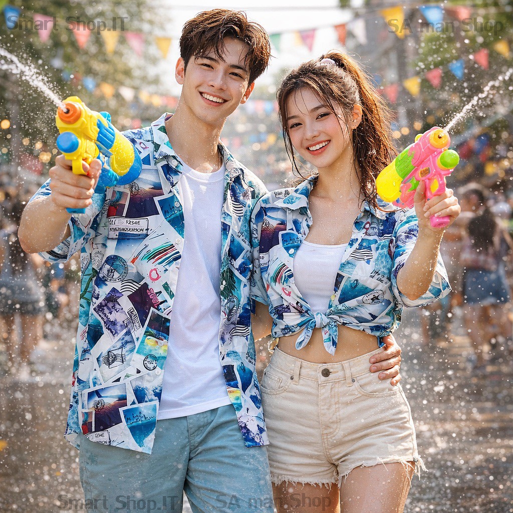 เสื้อฮาวาย Hawaii เสื้อใส่เล่นสงกรานต์ ไหมอิตาลีนิ่มไม่ต้องรีด เซิ๊ตฮาวายแขนสั้นชายหญิง(ลายภาพถ่าย)เสื้อใส่เที่ยวทะเล