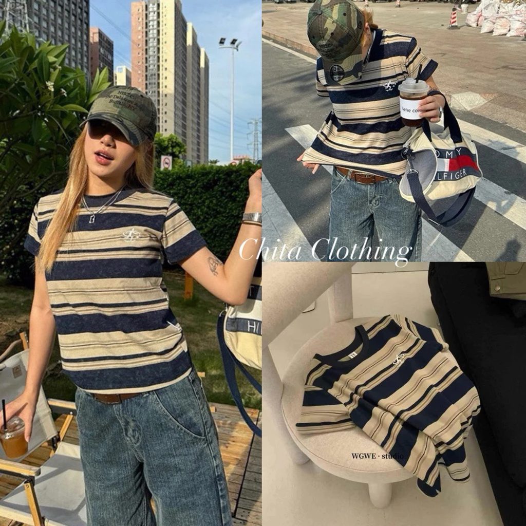 📍พร้อมส่ง📍3796💌เสื้อคอกลมแขนสั้นลายริ้ว เนื้อผ้าดี ทรงใส่สบาย TAG:WG.WE 🇰🇷