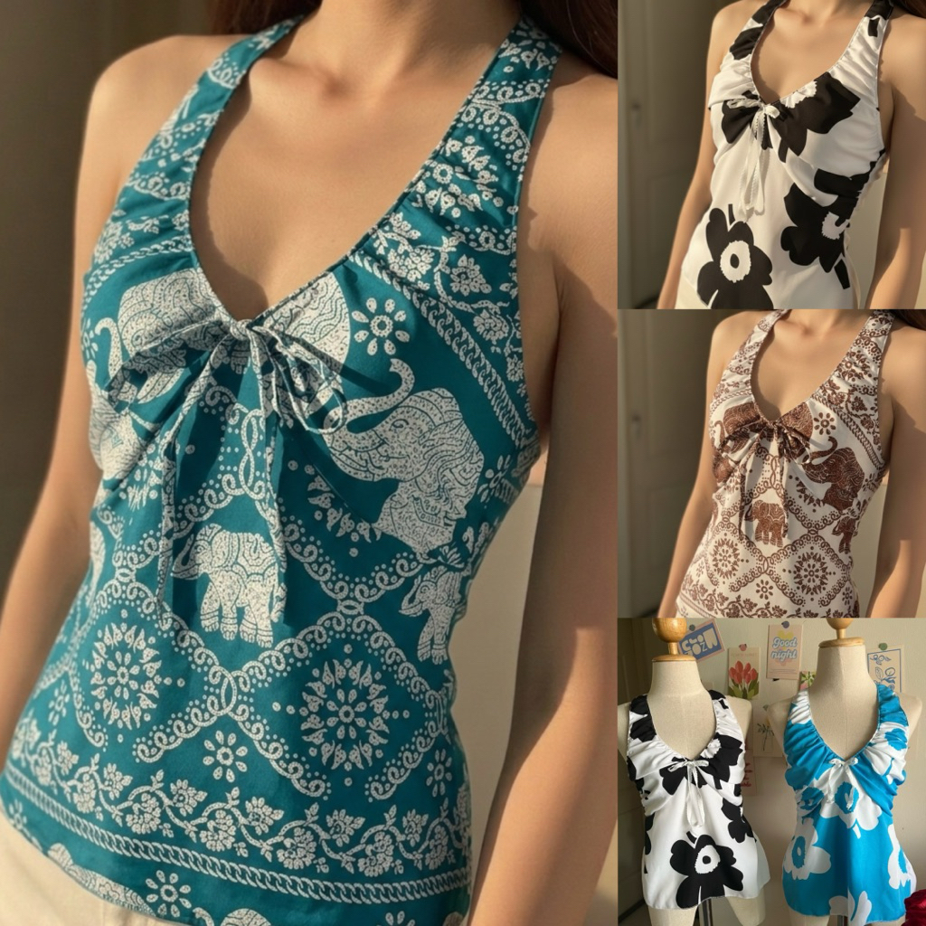 เสื้อคล้องคอลายช้าง ลายดอกไม้สาวอวบมีไชต์ ฟรีไชต์ยืดเยอะเก๋ๆน่ารักเกินต้านใส่แล้วดูผอม หวานแต่แอบเซ็กซี่เบาๆ