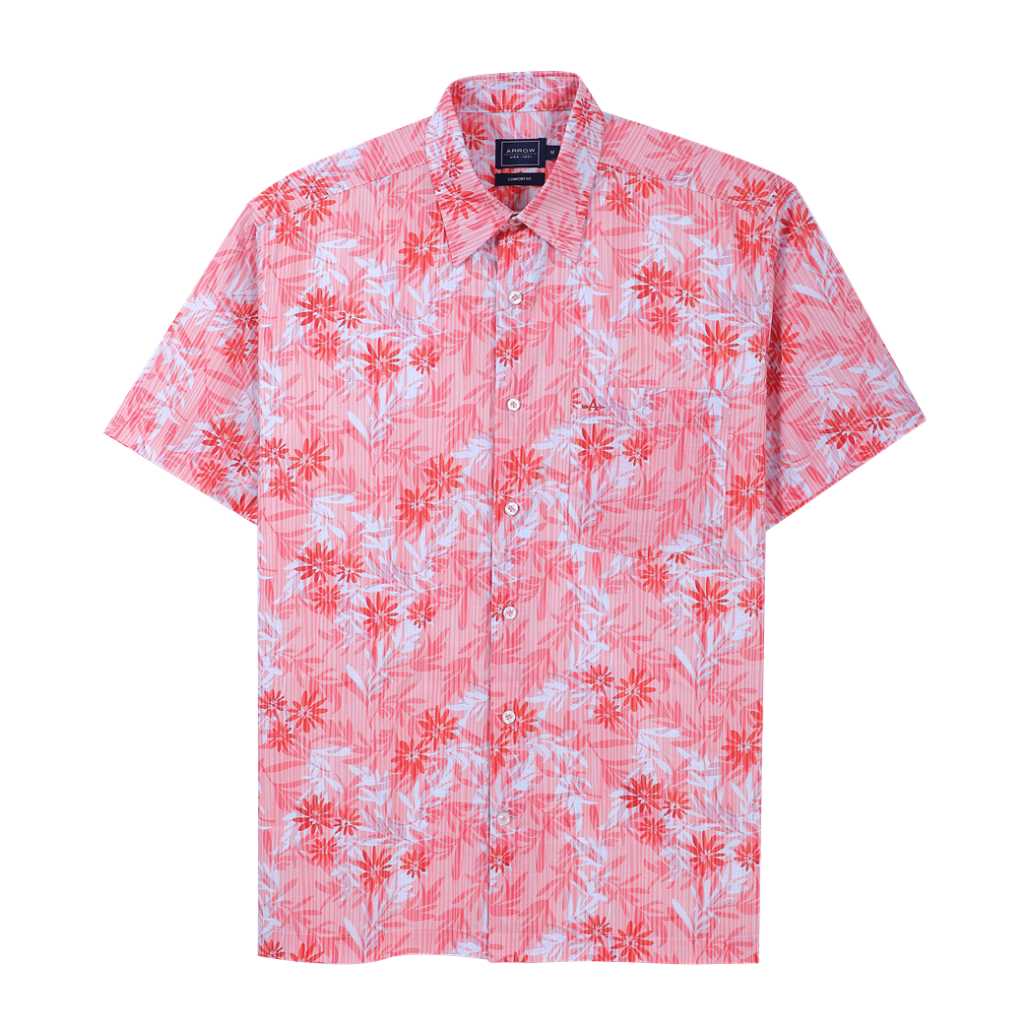 ARROW Natural Fabric เสื้อเชิ้ตผู้ชาย แขนสั้น ทรง Comfort ผ้า 100% Cotton ลายพิมพ์ สีแดง รุ่น MACC465-RE