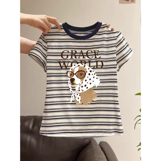 เสื้อยืดลายทางลายสุนัขสุดน่ารัก สไตล์เกาหลี ผ้าคอตตอนคุณภาพดี M-3XL ใส่สบายไม่ร้อน เหมาะใส่ทุกวัน