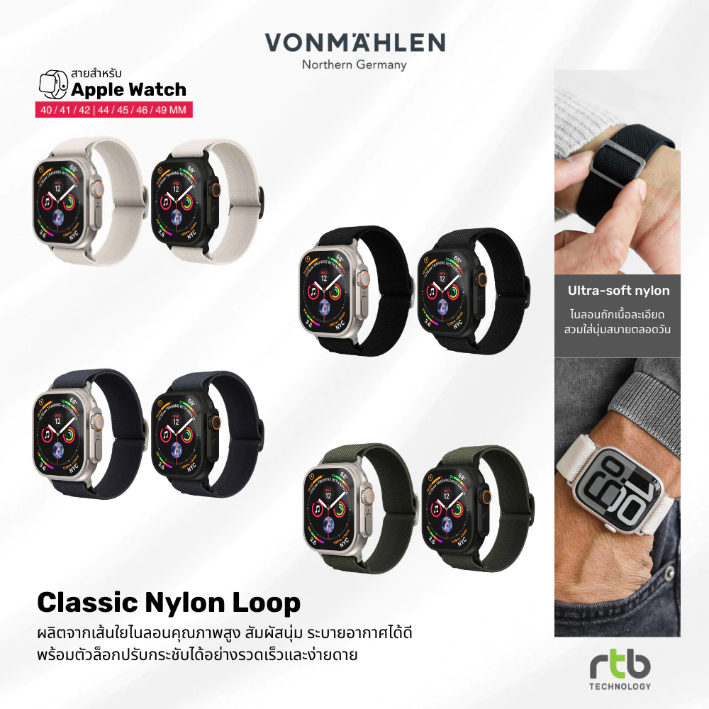 VONMAEHLEN Classic Nylon Loop สาย ไนลอน สำหรับ Apple Watch (40/41/42mm - 44/45/46/49mm) สายนาฬิกา