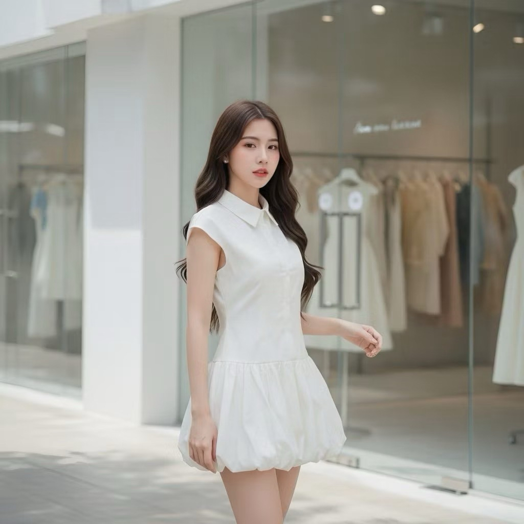 SUGARIO ชุดเดรสสั้นสีขาว เชือกผูก แนวลูกคุณ น่ารักติดแกรมมาก Size 1