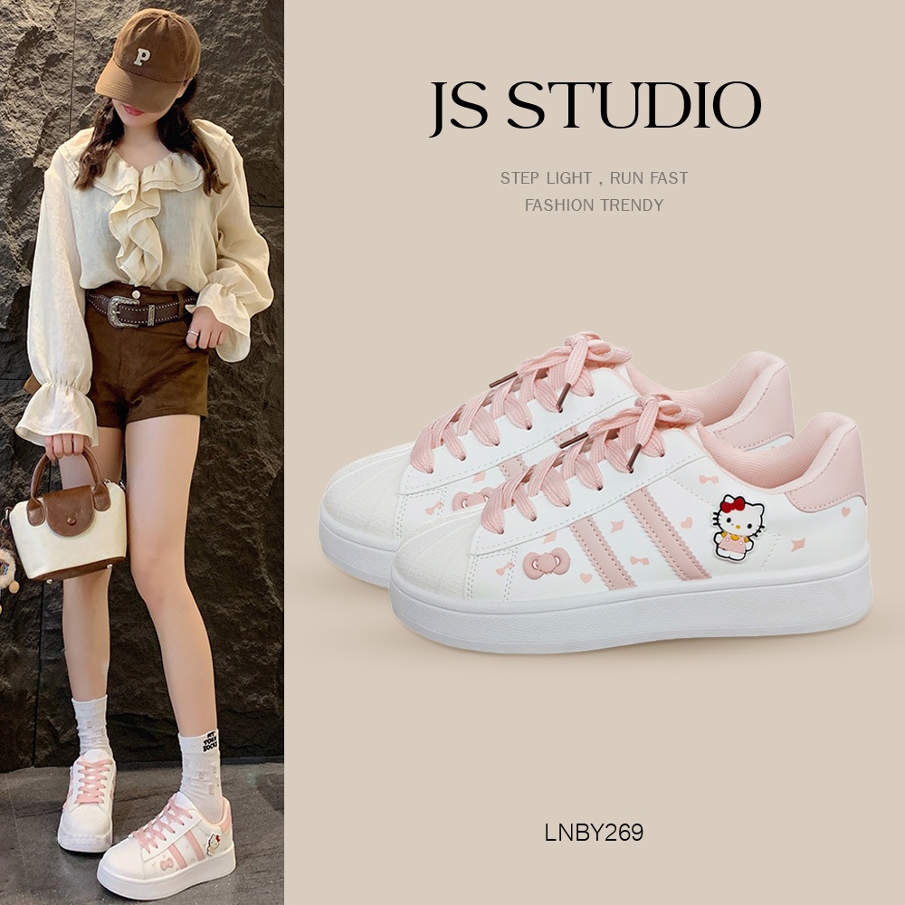 JS.STUDIO รองเท้าลำลองแฟชั่นลายแมว รองเท้าผ้าใบผู้หญิง สไตล์เกาหลี รองเท้าผ้าใบพื้นหนา สวมใส่สบาย