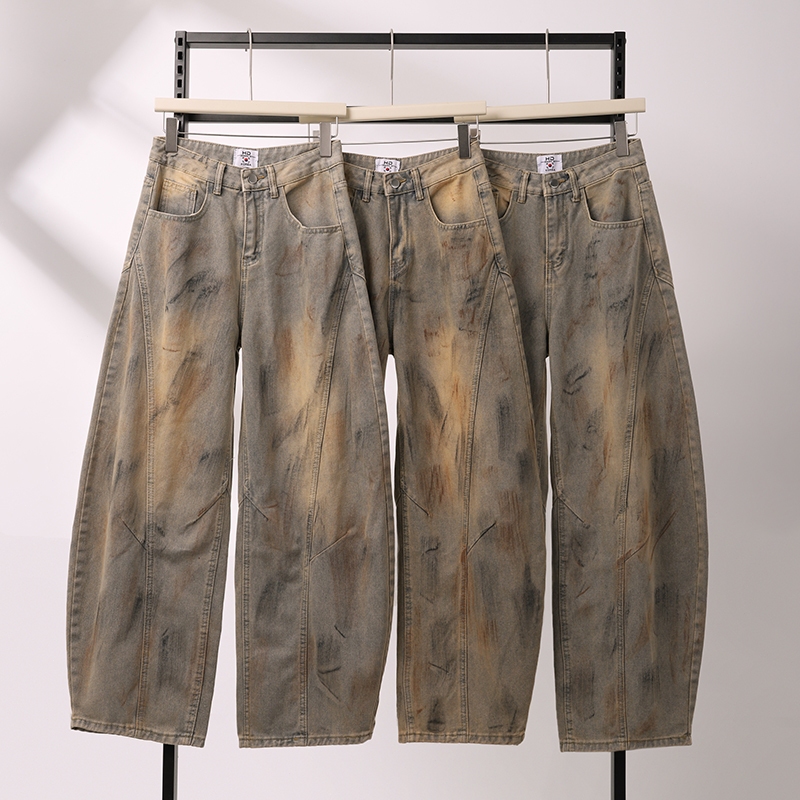 HELLDUL N9701-N9702 ส่งจากไทย กางเกงยีนส์อเมริกันวินเทจ สีย้อมสกปรกเก่า กระบอกโค้ง หลวม สไตล์นอกกระแส ดีคอนสตรัค ขากว้าง