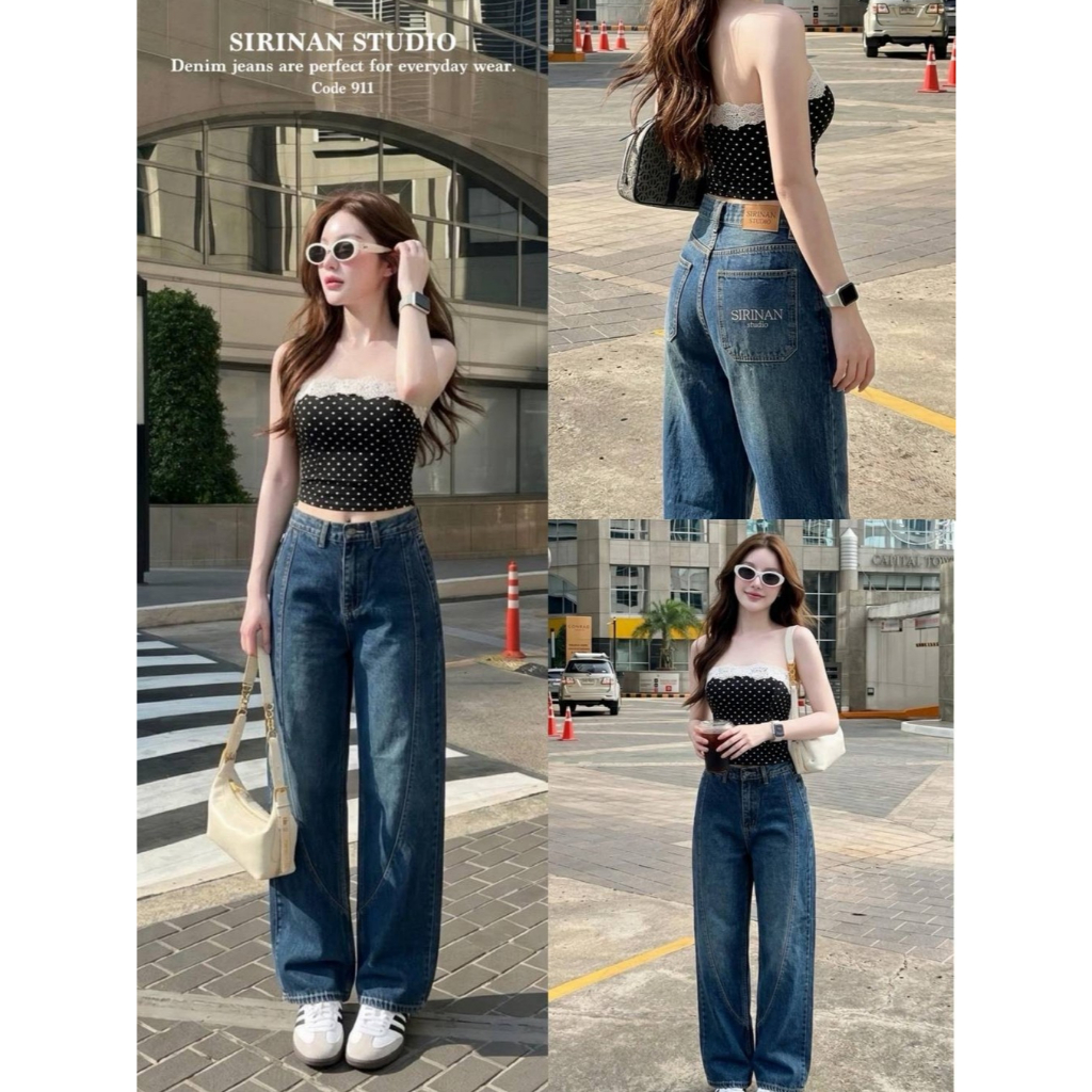 >>SIRINAN STUDIO<< SRN 911 "JEANS" กระบอกกลางกางเกงใหญ่เอวสูง