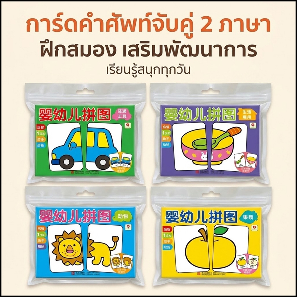 ของเล่นเสริมพัฒนาการ 1-2 ขวบ แฟลชการ์ดเด็ก flash card การ์ดคำศัพท์ บัตรคำศัพท์ การ์ดจับคู่หัว-ท้าย จิ๊กซอว์เด็ก