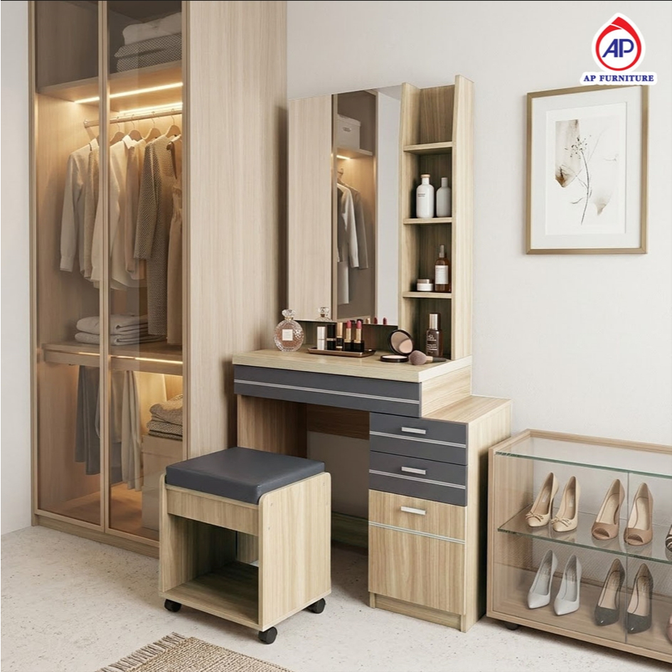 AP โต๊ะเครื่องแป้ง 80 ซม.พร้อมเก้าอี้สตูลมีล้อเลื่อน รุ่น DT-815 กระจกเปิดเก็บของได้ (ไม่รวมประกอบ)