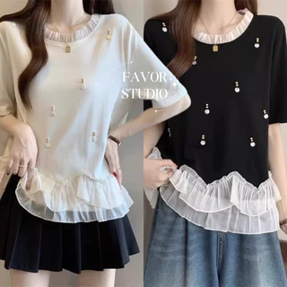 【S-6XL】 เสื้อยืด เสื้อเบลาส์ แขนสั้น คอระบายฟุ้งฟิ้ง ชายลูกไม้ ปักไข่มุก สไตล์คุณหนูวินเทจ ใส่สบาย