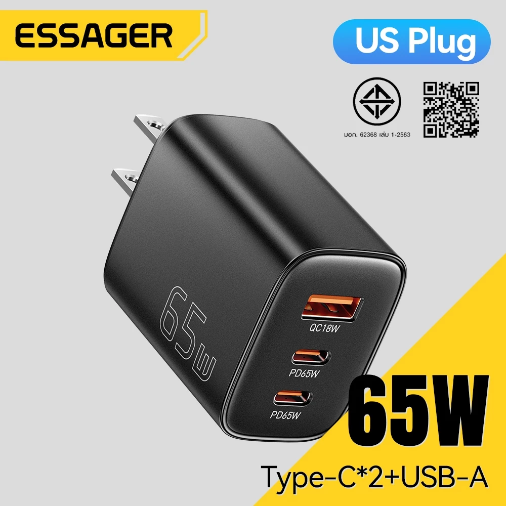 Essager อะแดปเตอร์ชาร์จเร็ว GAN 65W Type-C และ USB-A สำหรับโทรศัพท์และแล็ปท็อป