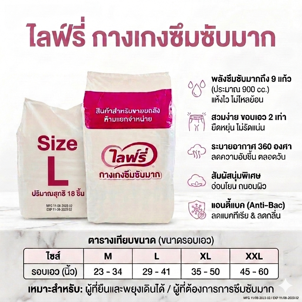Lifree ไลฟ์รี่ กางเกงซึมซับมาก จบปัญหาซึมเปื้อน ซับจุใจ 900cc แอนตี้แบคฯ ล็อคกลิ่นมิดชิด ไซส์ L