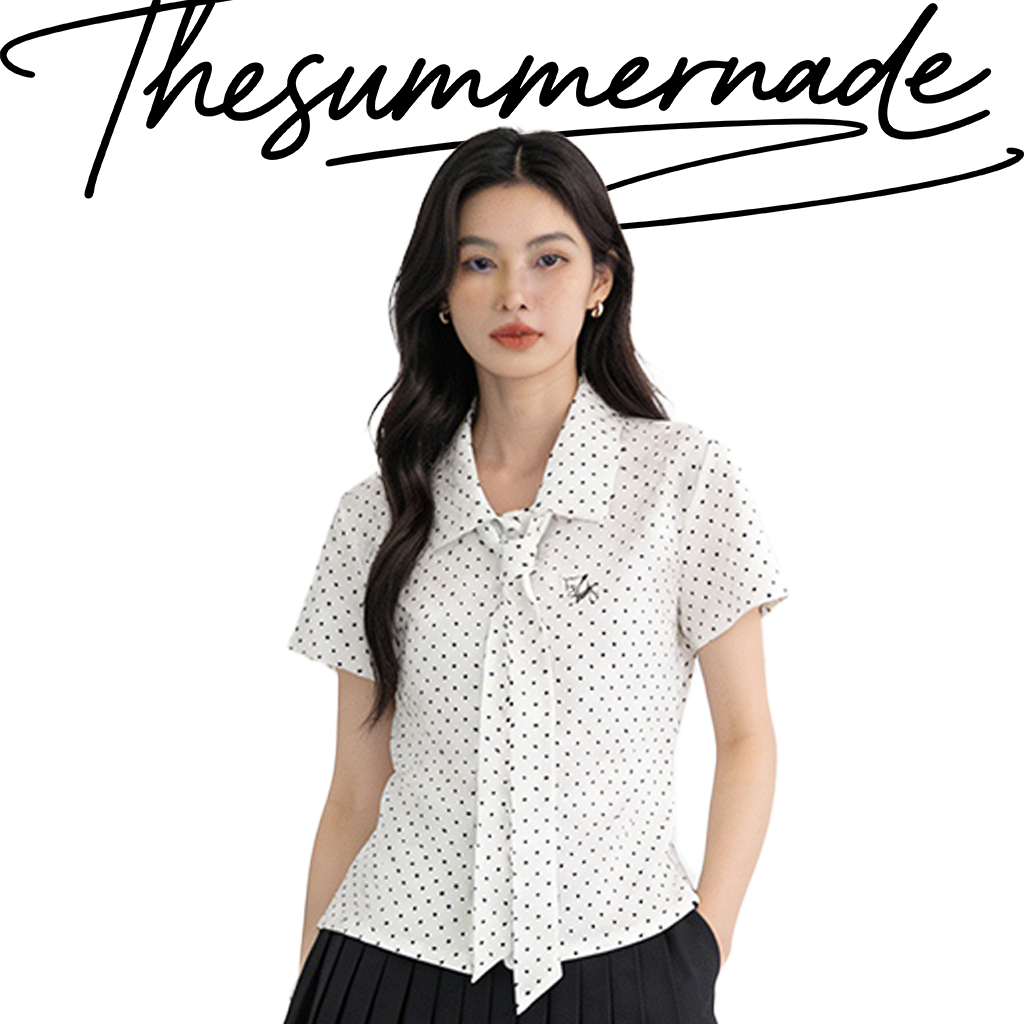 KULIMULA Sweet Polka Dot เสื้อเชิ้ตแขนสั้นลายจุด คอคอกผูกโบว์ ดีเทลเย็บปักถักร้อย รัดลำตัว สไตล์หวานๆ