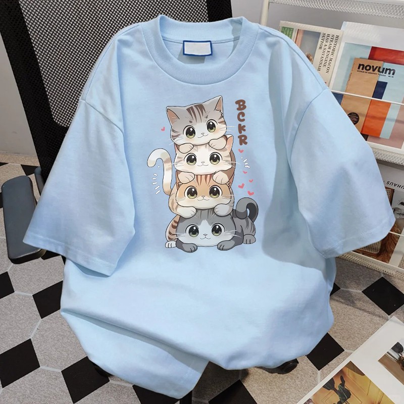 สไตล์เกาหลี✨เสื้อยืด oversize ลายพิมพ์แมวน่ารัก ใส่สบาย ระบายอากาศ ฤดูร้อน 3.10