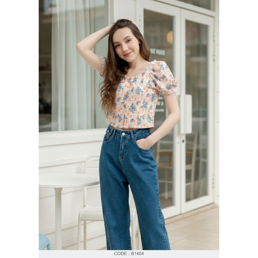 AMILA Blouse AM-B1404 Cotton ปริ้นท์ แขนสั้น IGPU26-2 ราคา ถูกที่สุด ดีลบีเคเค