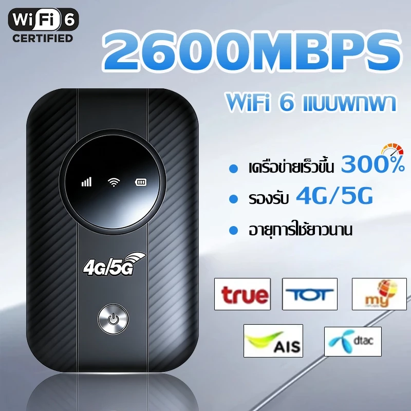 🔥 4G/5G ไวไฟพกพา Pocket WIFI 2600Mbps เราเตอร์ไร้สาย โมบายไวไฟ Router รองรับทุกซิม สามารถเชื่อมต่อหลายเครื่อง