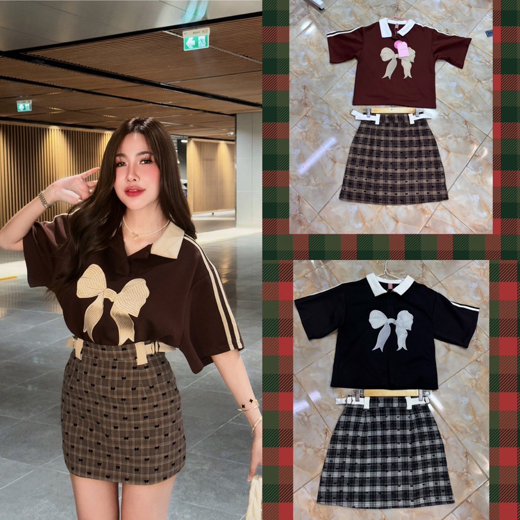 (เอวปกติ เสื้ออกใหญ่ 4 นิ้ว) ชุดเซตกระโปรงสั้น เสื้อทรงปล่อย ปักโบว์+กระโปรงลายสก็อต ปักโบว์ งานป้าย love lady