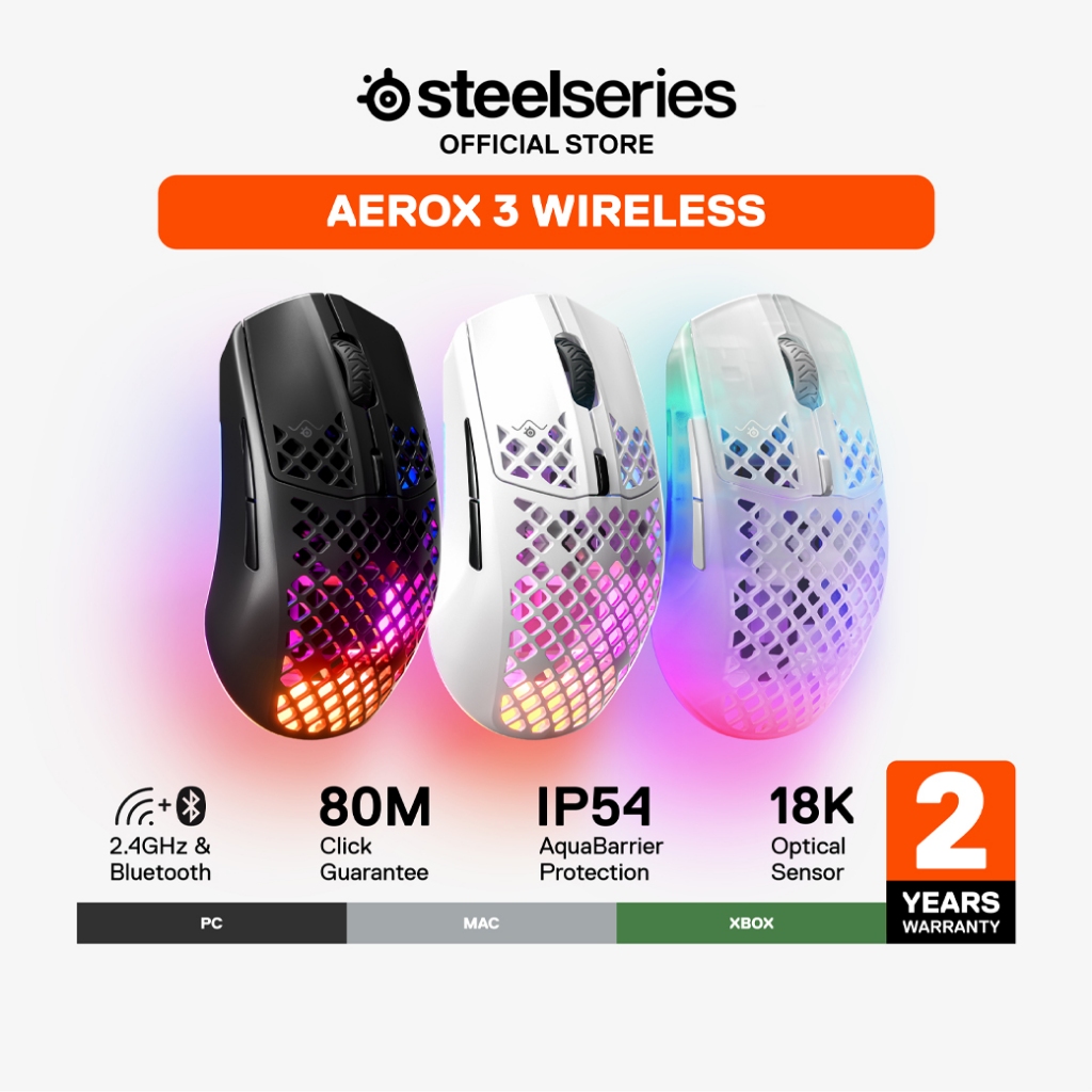 SteelSeries Aerox 3 Wireless Gaming Mouse  เม้าส์เกมมิ่งไร้สาย 18,000 CPI กันน้ำกันฝุ่น IP54