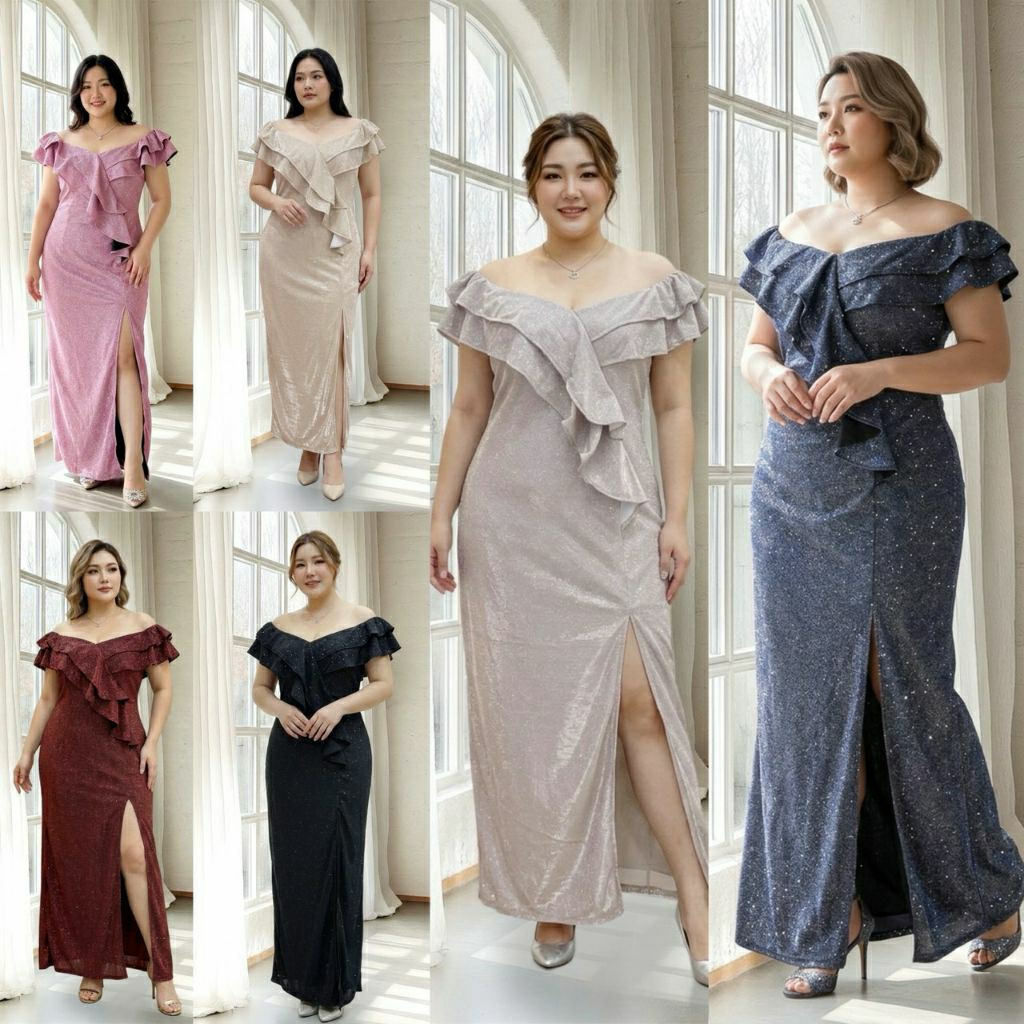 ชุดราตรียาว ทรงเปิดไหล่ ดีไซน์ระบายปิดพุง กระโปรงผ่า ผ้ากลิตเตอร์ สำหรับสาวพลัสไซส์ สาวอวบ คนอ้วน Plus size งานป้าย