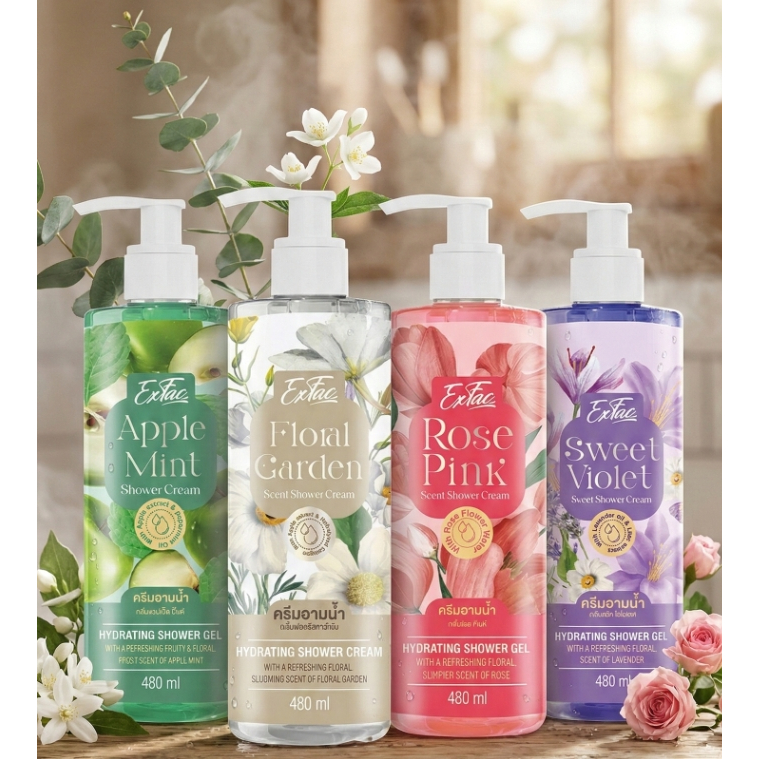 EXFAC Shower Cream เอ็กซ์แฟค ครีมอาบน้ำ 480ml (Floral Garden/Anti-Bac/Rose Pink/Sweet Violet)