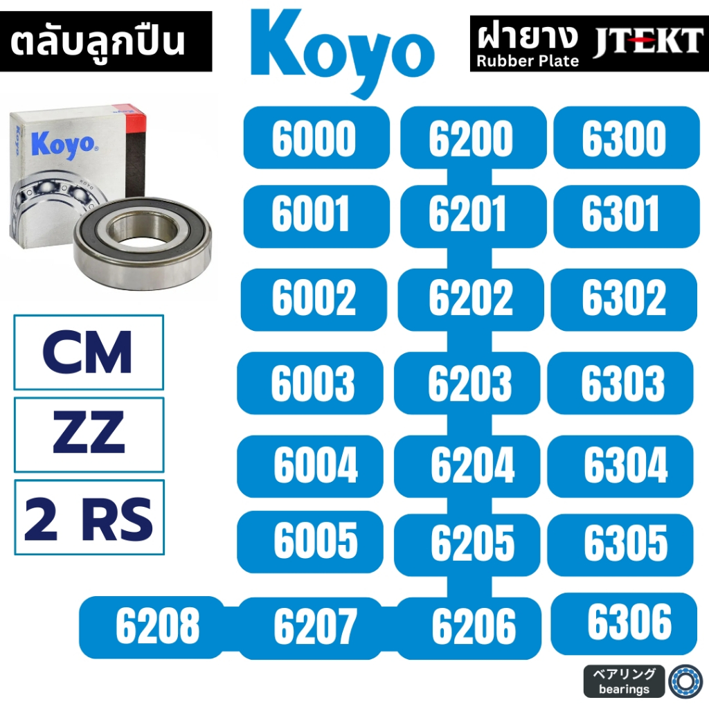 ตลับลูกปืน KOYO Brands รวมลูกตลับปืนเบอร์เล็ก Part No.6000-6306 2RS (ฝาปิดยาง/ไม่มีฝายาง/ฝาเหล็ก) บรรจุ 1 ตลับ / แพ็ค