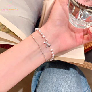 COD💖สร้อยข้อมือ ประดับโบว์ ประดับไข่มุก สองชั้น เกาหลี ระดับไฮเอนด์ หรูหราสำหรับผู้หญิง ของขวัญวันหยุด -Lune