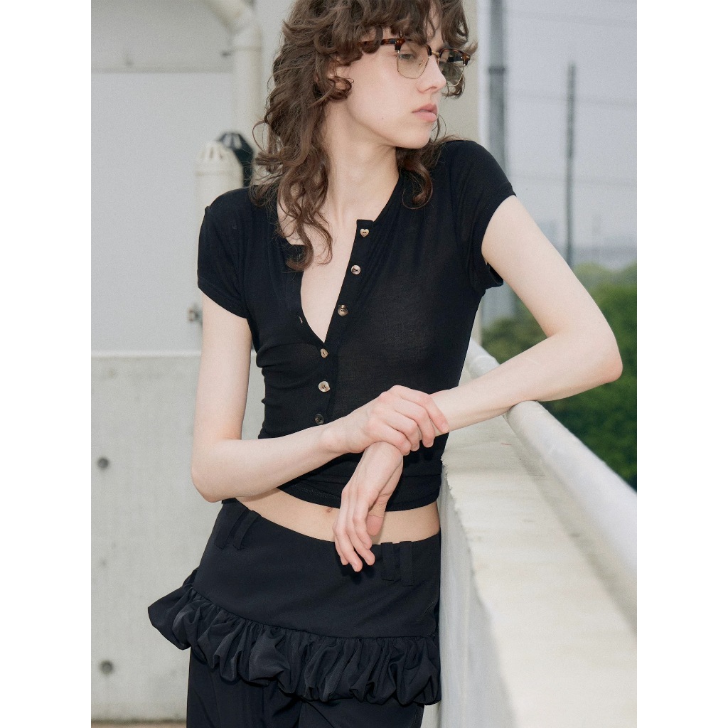 Outthe Blue Henley Collar Black Top