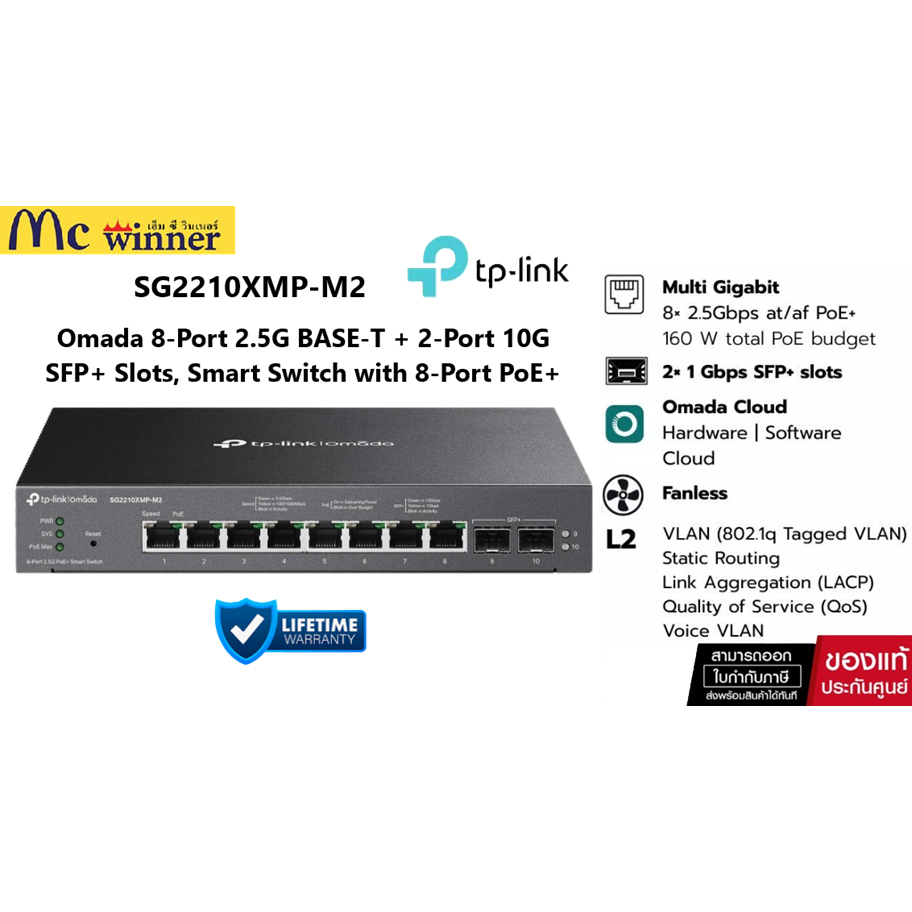 TP-Link SG2210XMP-M2 Omada 8-Port 2.5G BASE-T+2-Port 10G SFP+Slots,Smart Switch with 8-Port PoE+(160