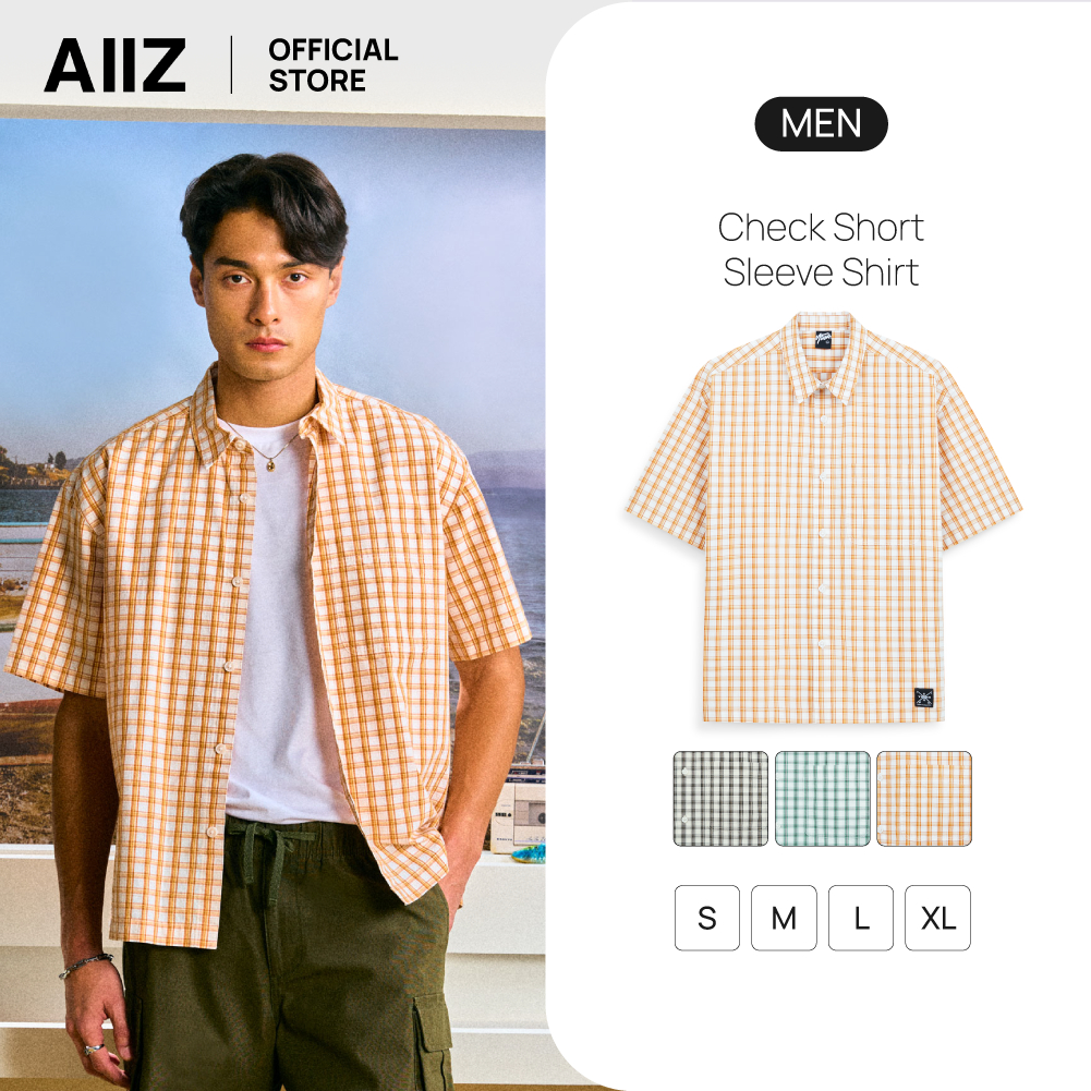 AIIZ เสื้อเชิ้ตผู้ชายแขนสั้นลายตาราง