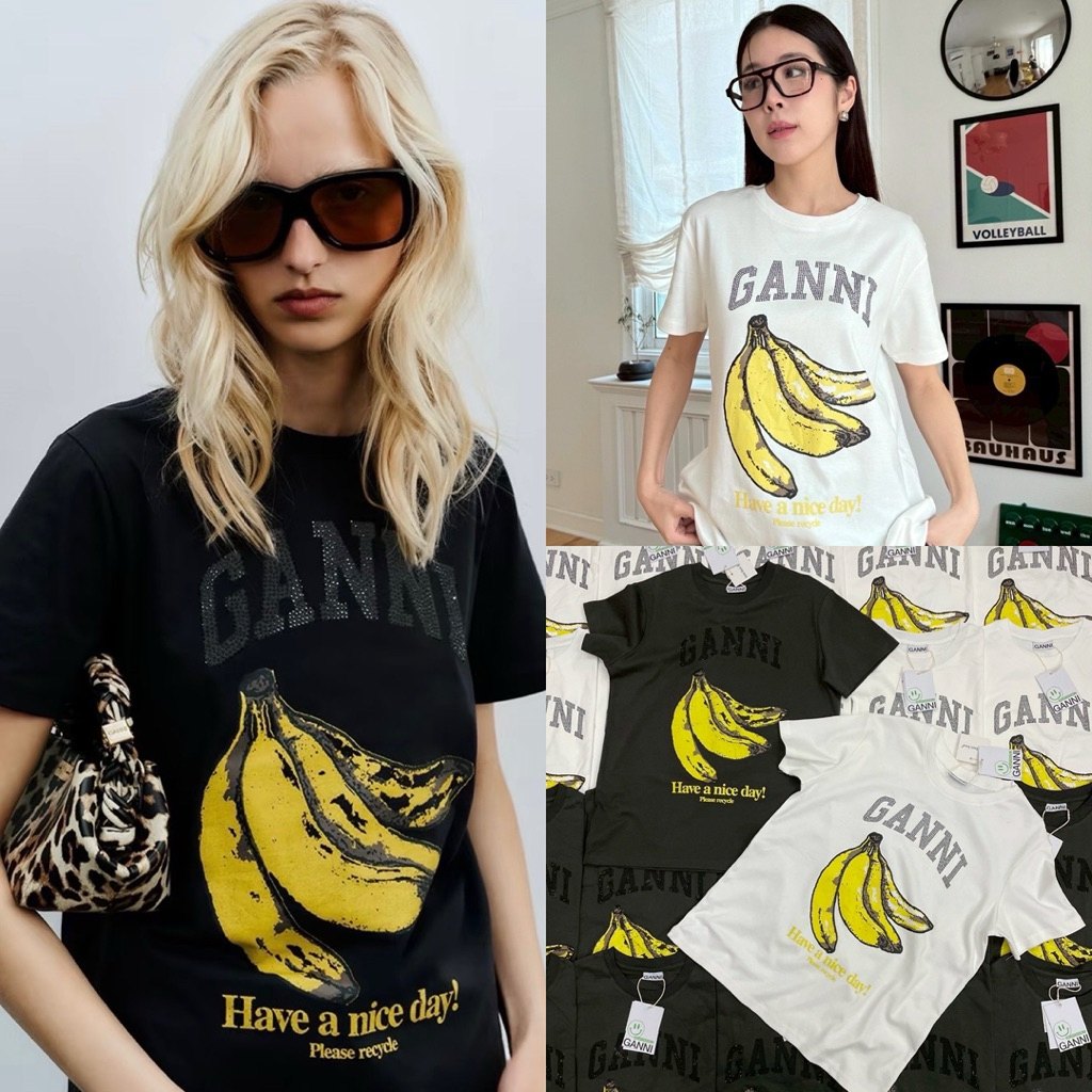 GANNI T-Shirt  เสื้อยืดแบรนด์ดังเกาหลี รุ่นใหม่ ดีเทลปักเพชรGanni ชนช็อปเกาหลีเลยค้า