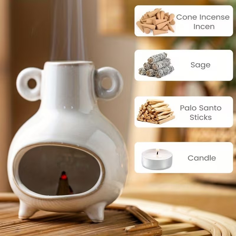 Ceramic Palo Santo Holder, Modern Incense Holder Burner for Sticks Sage Bundles Cone Incense, Chimen