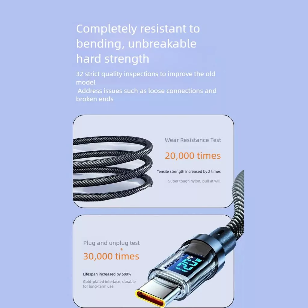 สายเคเบิลข้อมูล USB Type-C พร้อมจอแสดงผลดิจิตอล ชาร์จเร็วพิเศษ 120W 6A thumbnail 4