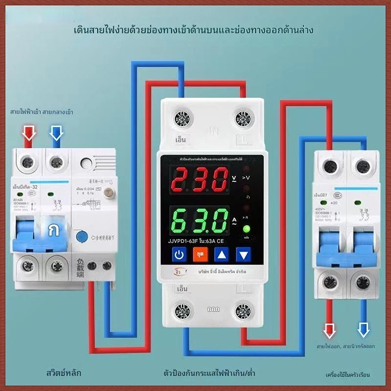 40A / 63A อุปกรณ์ป้องกันไฟเกิน กันไฟกระชาก รีเซ็ตอัตโนมัติ ใช้กับบ้าน 220V 50Hz การอ่านที่แม่นยำ พร้อมส่ง
