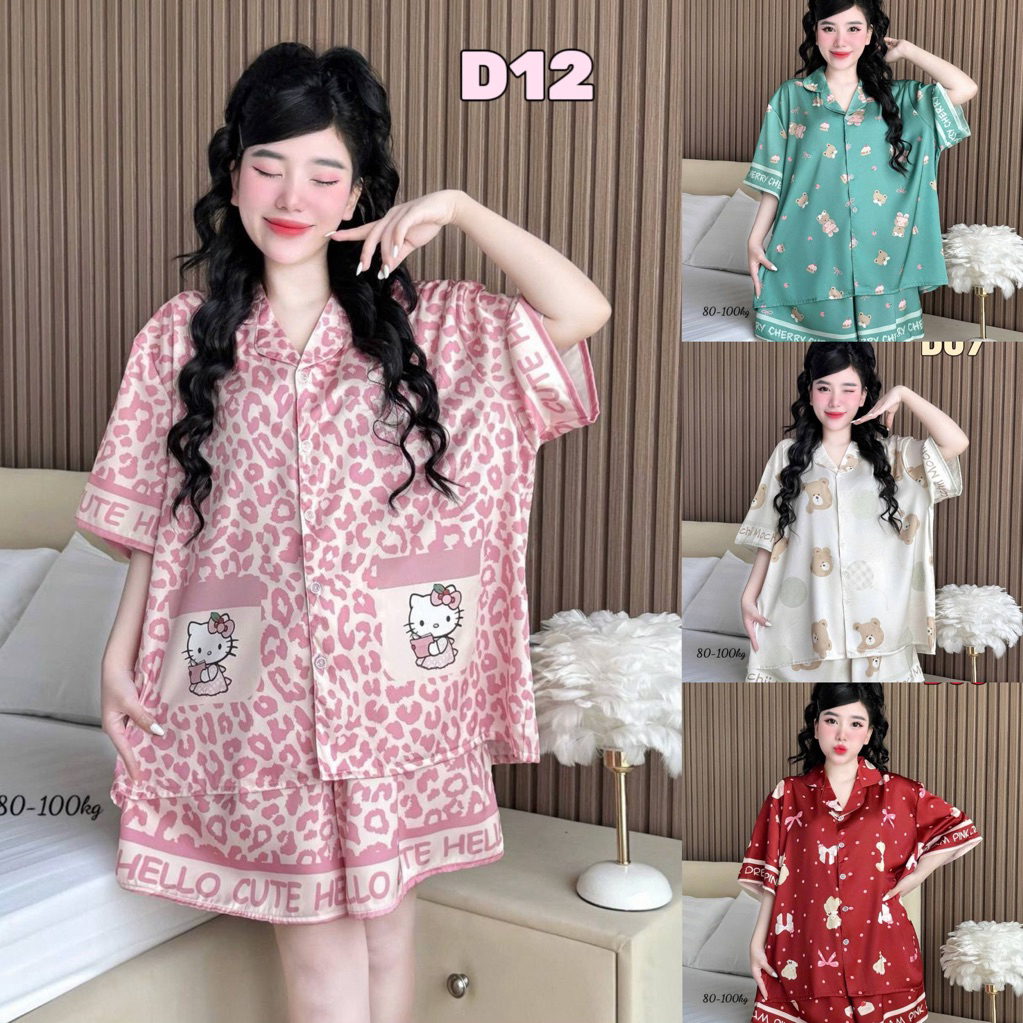 งานใหม่ แขนสั้น-ขาสั้น Bigsize อก52”ผ้าไหมทอซาติน(Silk Satin) ผ้าสวย นุ่ม ลื่น ใส่สบาย