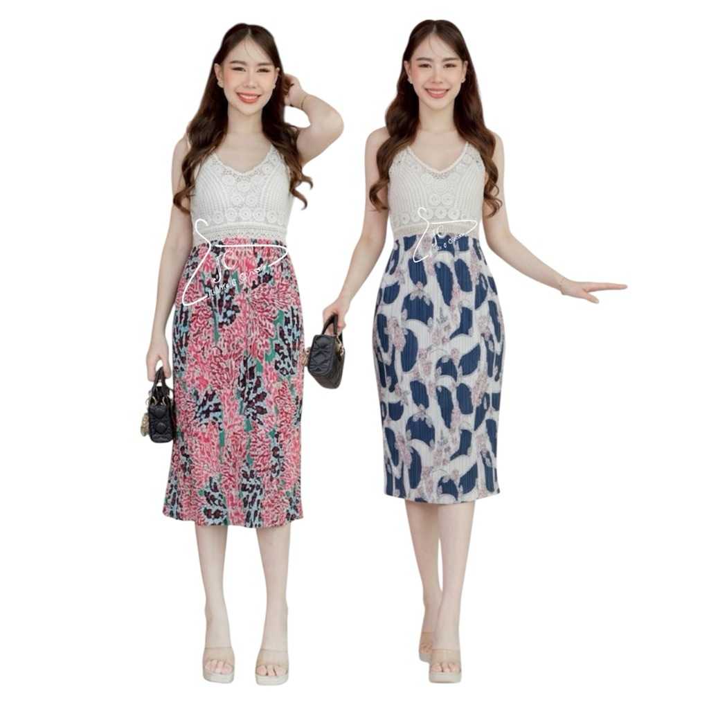 Jubbie & Chrissie : กระโปรงพลีทคลุมเข่า ยาว 28 นิ้ว ผ้าไหมอิตาลี พิมพ์ลาย 28B 28G