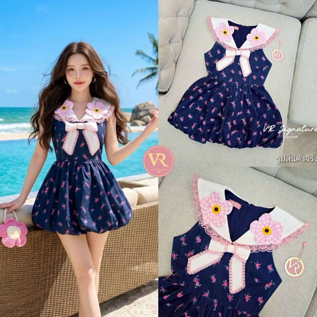 VR(เช็คก่อนสั่ง) Dress คอปกแต่งระบายลูกไม้ แต่งดอกไม้3D น่ารักมาก(S-XL)