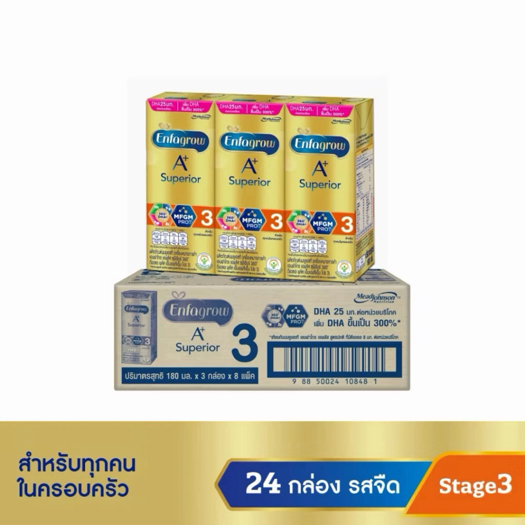 Enfagrow A+ Superior UHT เอนฟาโกร ยูเอชที ซุพีเรียร์ ยูเอชที สูตร 3 รสจืด (24 กล่อง) นมน้ำ