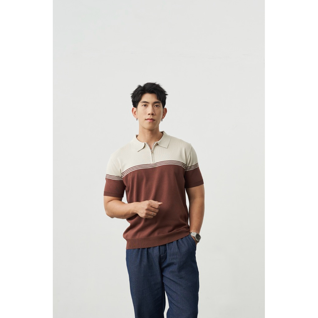 Slowshift - The Stripe Quarter Zip Polo เสื้อโปโลผ้า Knit Cotton ผสม Tencel ลายทาง (Quarter Zip Polo