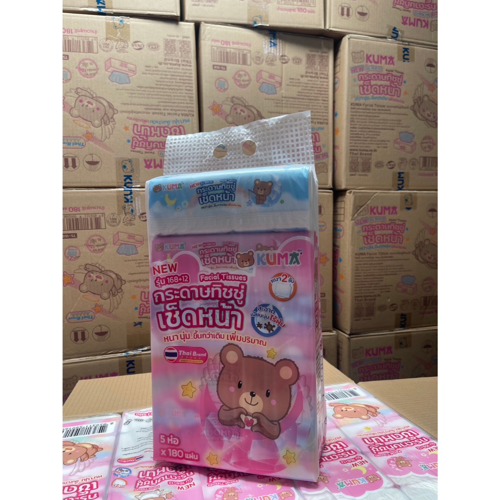 กระดาษเช็ดหน้าคุมะ สะอาด ปลอดภัย ไม่เป็นขุย 1 แพ็ค 5ห่อๆละ168+12 แผ่นรวม 900 แผ่น