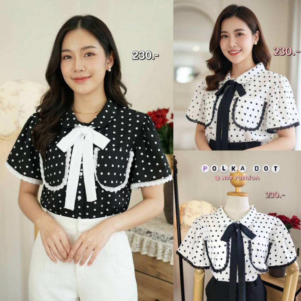 อก36-54นิ้วเสื้อลาย ยolka dot สีขาวลายจุดสีดำ คอบัว แต่งลูกไม้