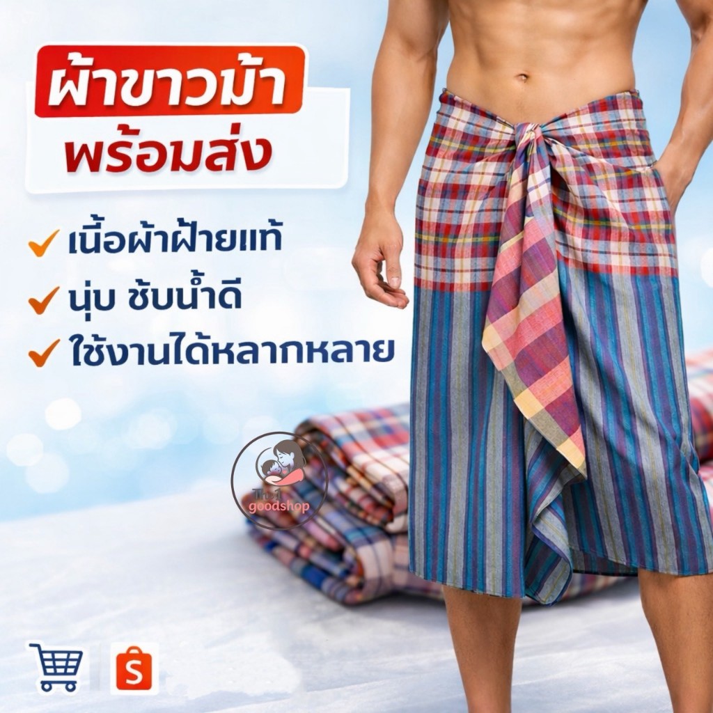 GoodShop ผ้าขาวม้า ผ้าฝ้าย เย็บริม ขนาด 75×180 cm คละสี ตรารถไฟ